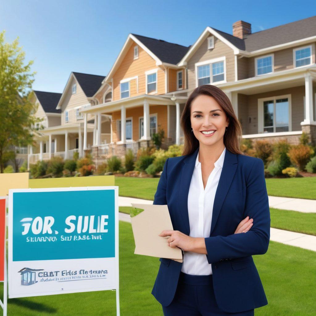 A knowledgeable real estate agent standing confidently in front of a diverse selection of homes, showcasing a charming suburban neighborhood. In the background, display a blend of 'For Sale' signs and happy families moving into their new homes. Incorporate elements like graphs or charts to symbolize investing strategy. The scene should exude a warm, welcoming atmosphere with clear blue skies. super-realistic. vibrant colors. 3D.
