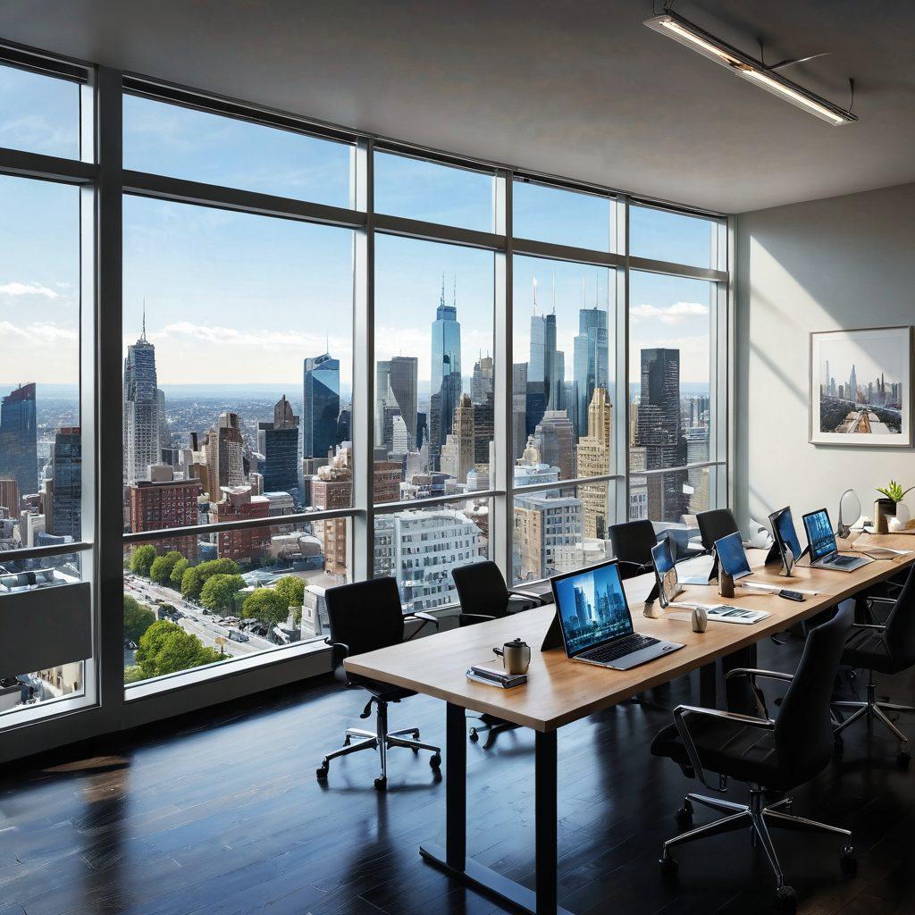 A modern, stylish real estate office with a large window showcasing a bustling city skyline. A diverse group of professionals collaborating over a digital tablet, surrounded by architectural blueprints and resources. Elements of success such as award plaques and motivational quotes on the walls. Bright and inviting atmosphere with natural light streaming in. super-realistic. vibrant colors. digital art.