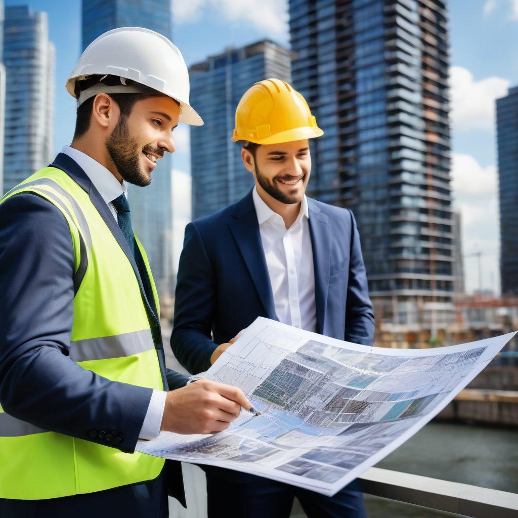 A bustling city skyline with diverse properties, including residential apartments and commercial buildings, showcasing various stages of construction and development. In the foreground, a confident investor, looking at a property brochure with a thoughtful expression, accompanied by a professional advisor pointing at a map. The scene is lively with people interacting, reflecting a vibrant real estate market. super-realistic. vibrant colors. cityscape.